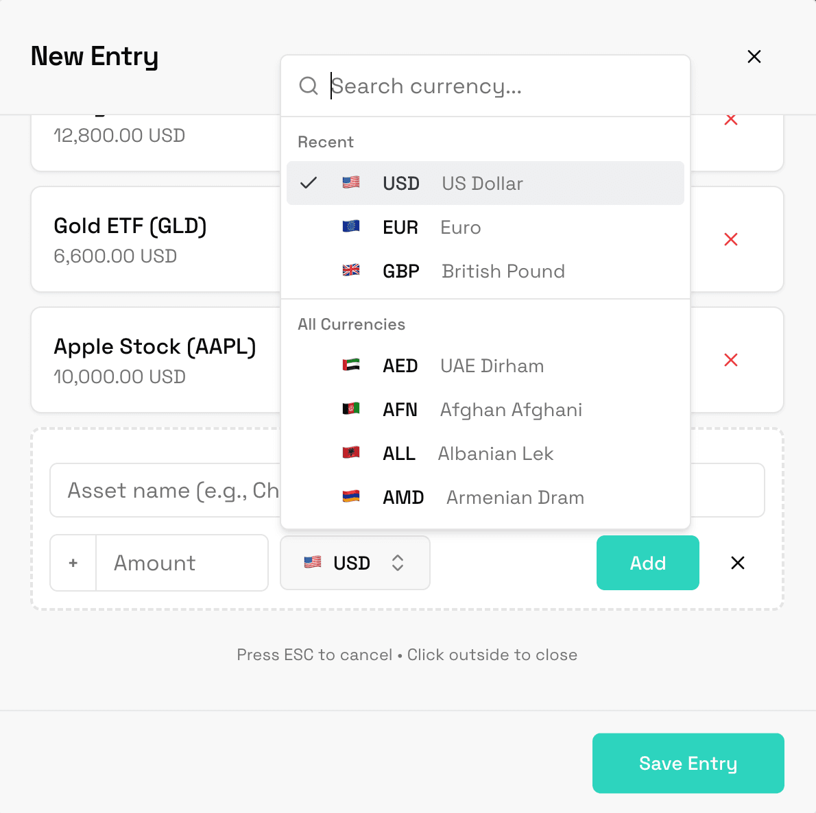 fatstack entry form showing multi-currency support with USD, EUR, GBP and 140+ currencies available